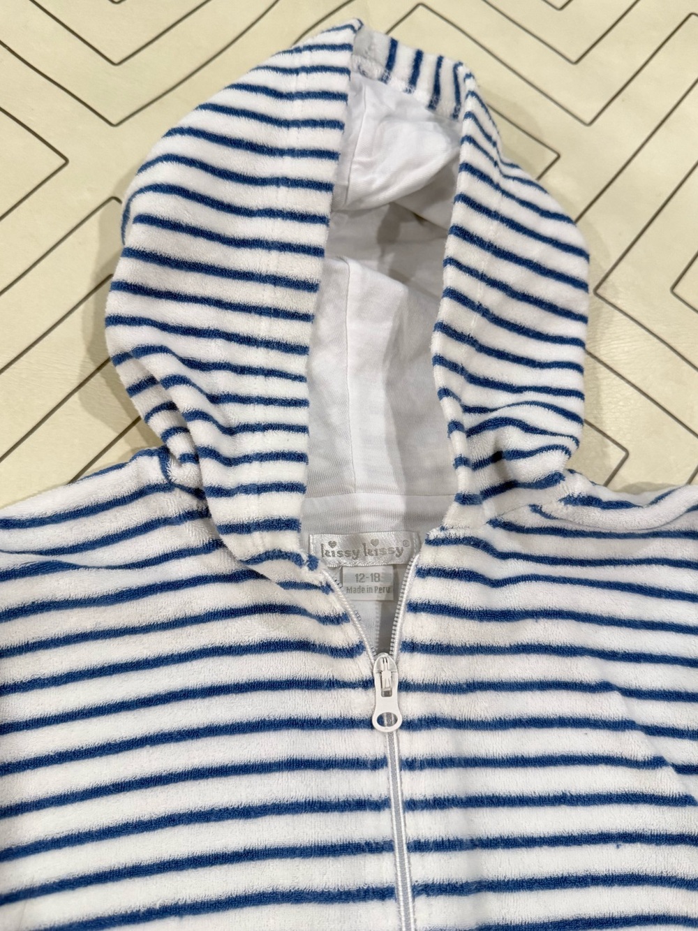Kissy Kissy Striped Blue and White Hooded Terry Romper - Picture 7 of 13